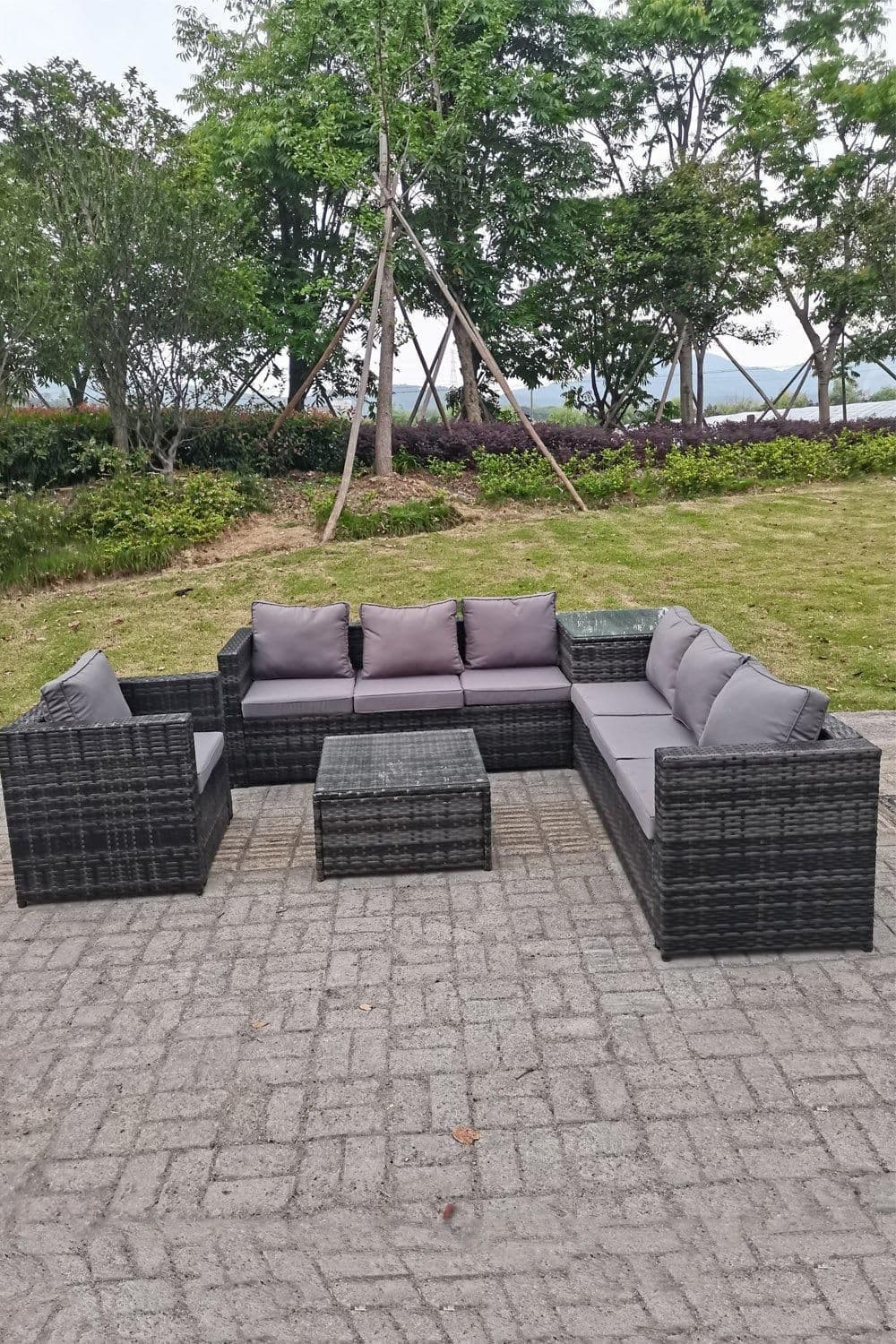 Dark Mixed Outdoor Rattan Garden Furniture Set Corner Sofa 2 Tables 1 Chair