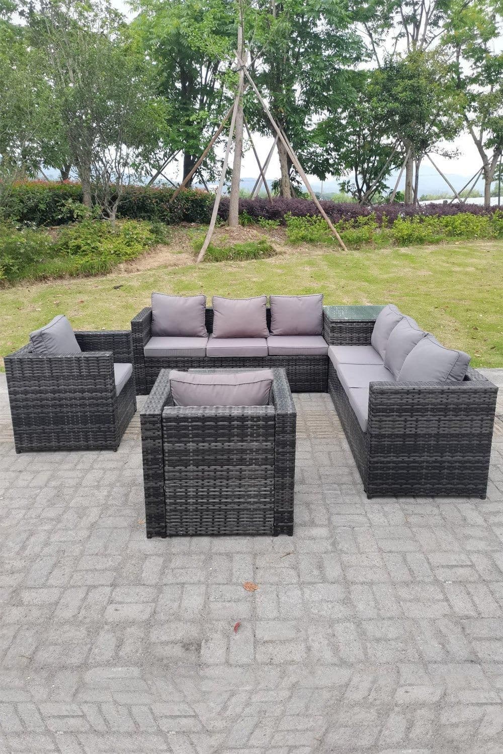 Dark Mixed Outdoor Rattan Garden Furniture Set Corner Sofa 2 Tables 2 Chairs