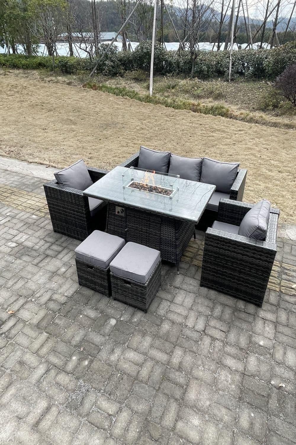 7 Seater PE Wicker Rattan Gas Fire Pit Table Heater Sets Lounge Sofa Chairs