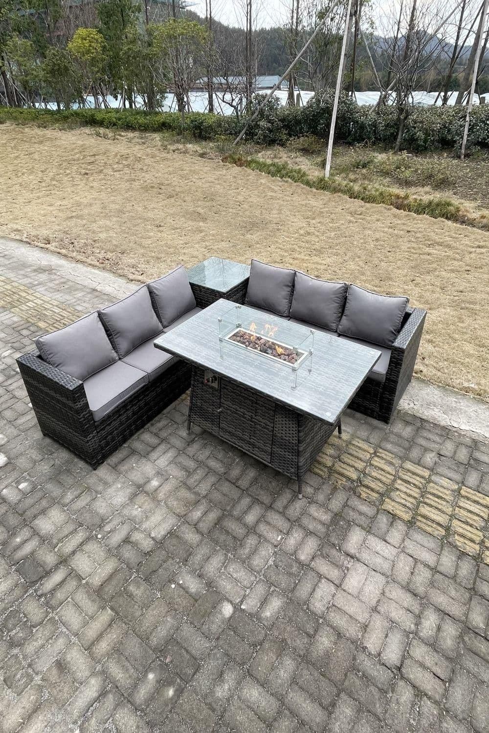 Rattan Garden Corner Furniture Gas Fire Pit Table Sets Heater Burner Lounge