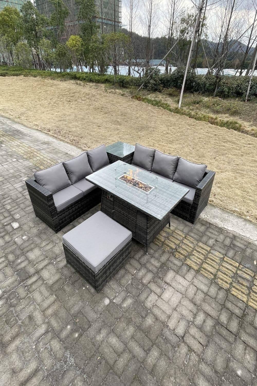 PE Rattan Garden Corner Furniture Gas Fire Pit Table Heater Lounge Big Footstool