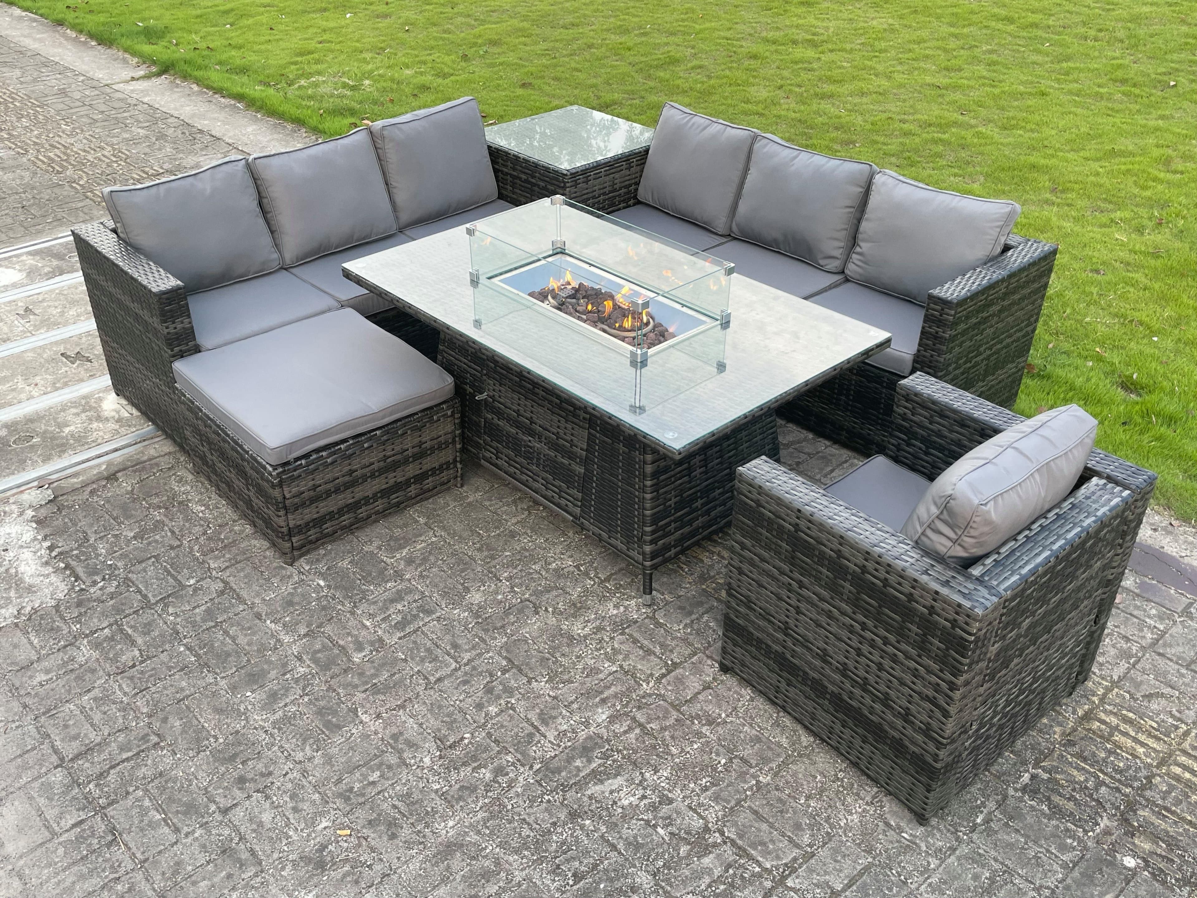 Rattan Garden Corner Furniture Gas Fire Pit Table Sets Gas Heater Lounge Chair