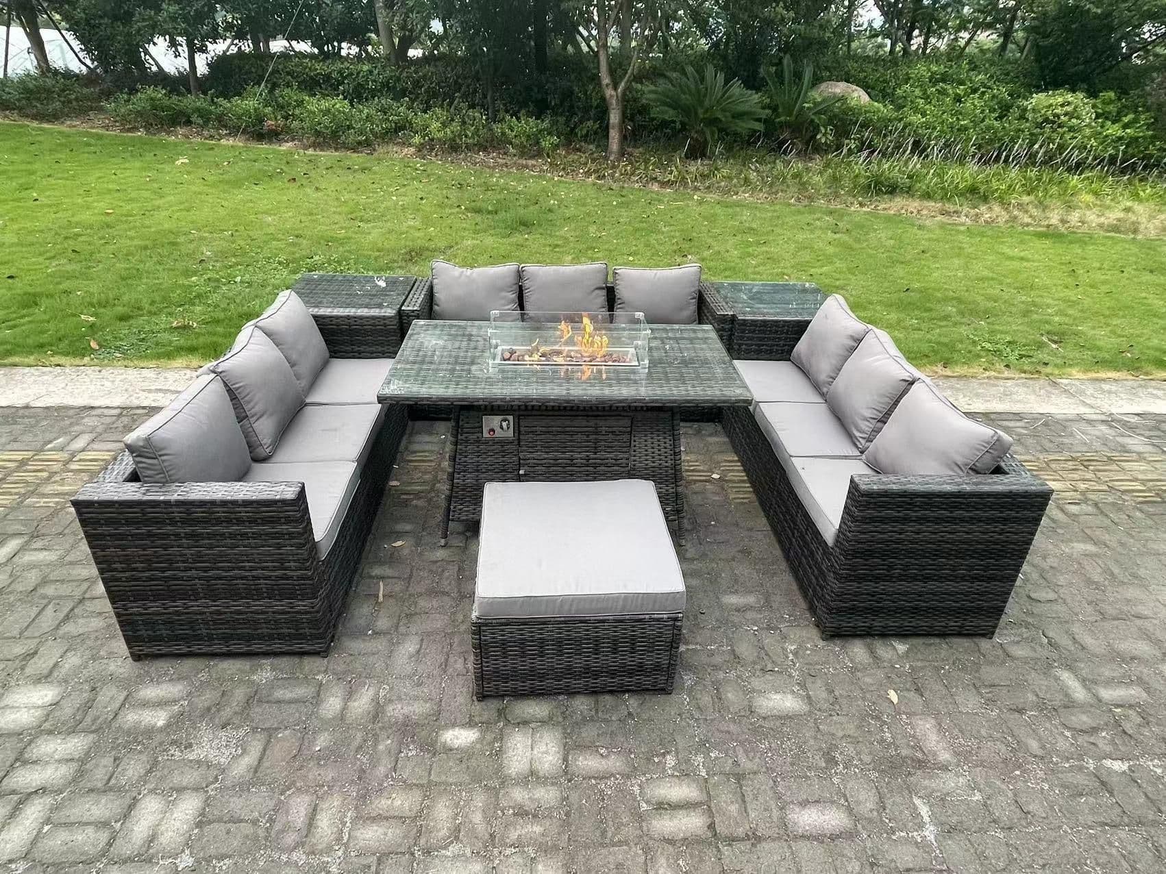 Outdoor Rattan U Shape Furniture Gas Fire Pit Table Sets Heater Sofa Footstool