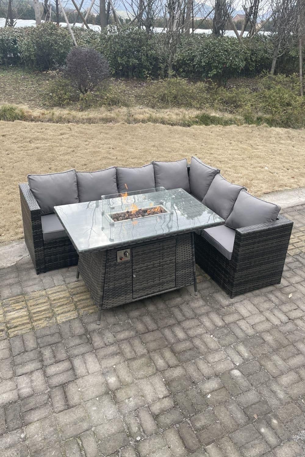 Outdoor Rattan Garden Corner Sofa Set Gas Fire Pit Table Sets Heater Lounge