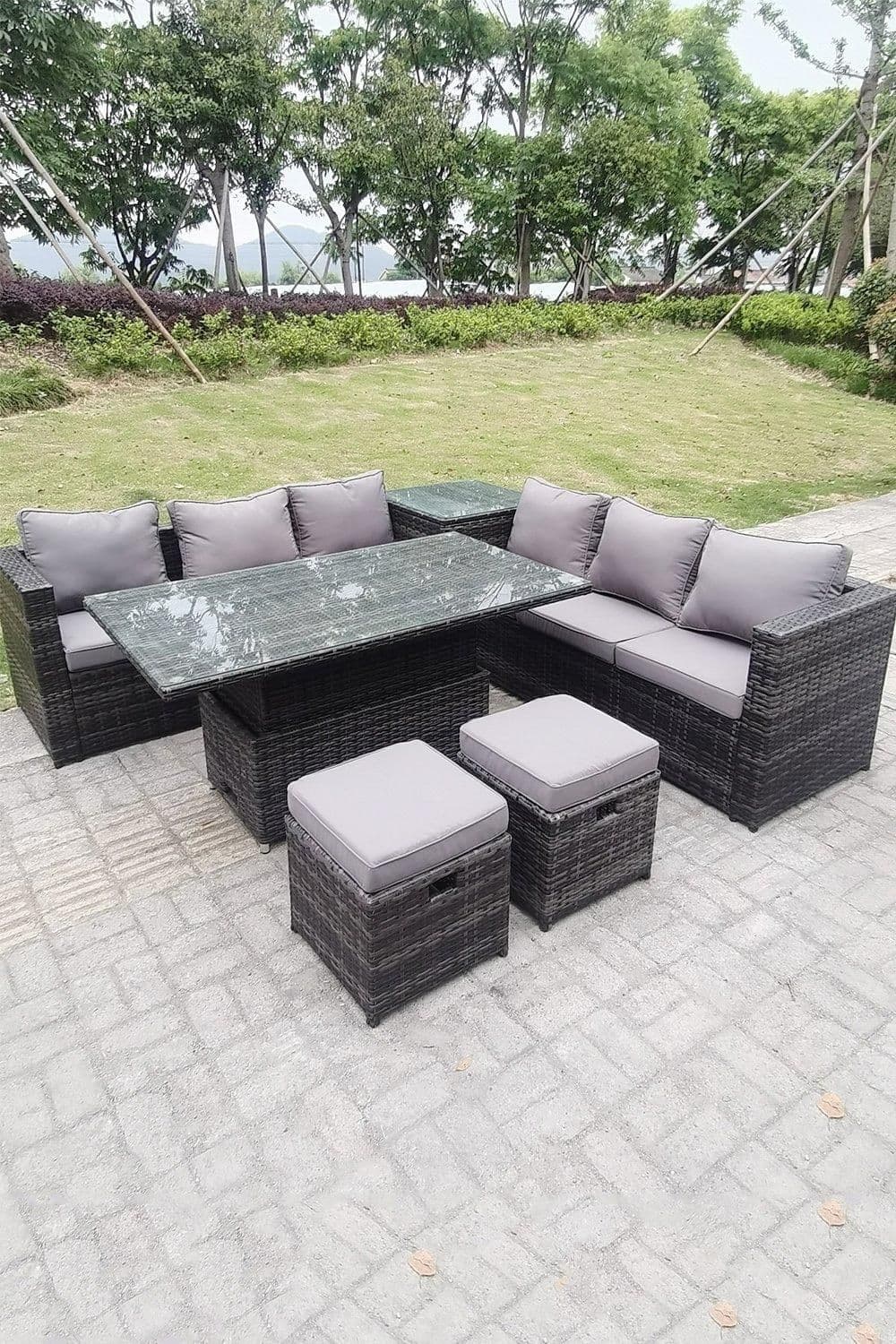 Dark Grey Mixed Wicker Rattan Corner Sofa Garden Furniture Rising Table Sets Footstool