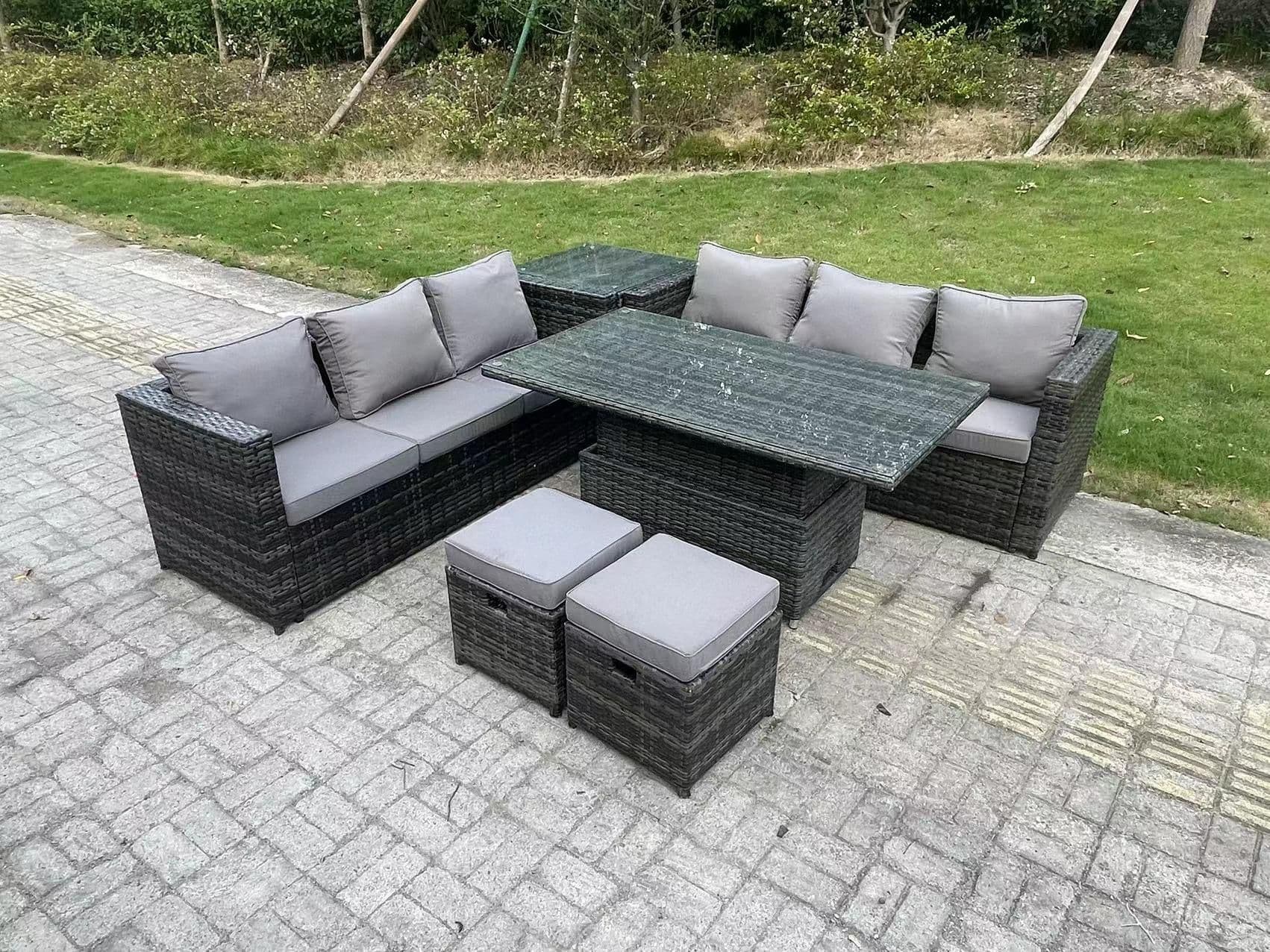 8 Seater Wicker Rattan Rising Table Sets Footstool Extra Side Table