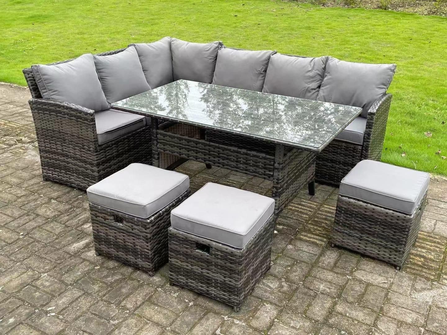 Semi Assembled 9 Seater Rattan Garden Furniture Corner Sofa Dining Sets Outdoor Patio 3 Stools
