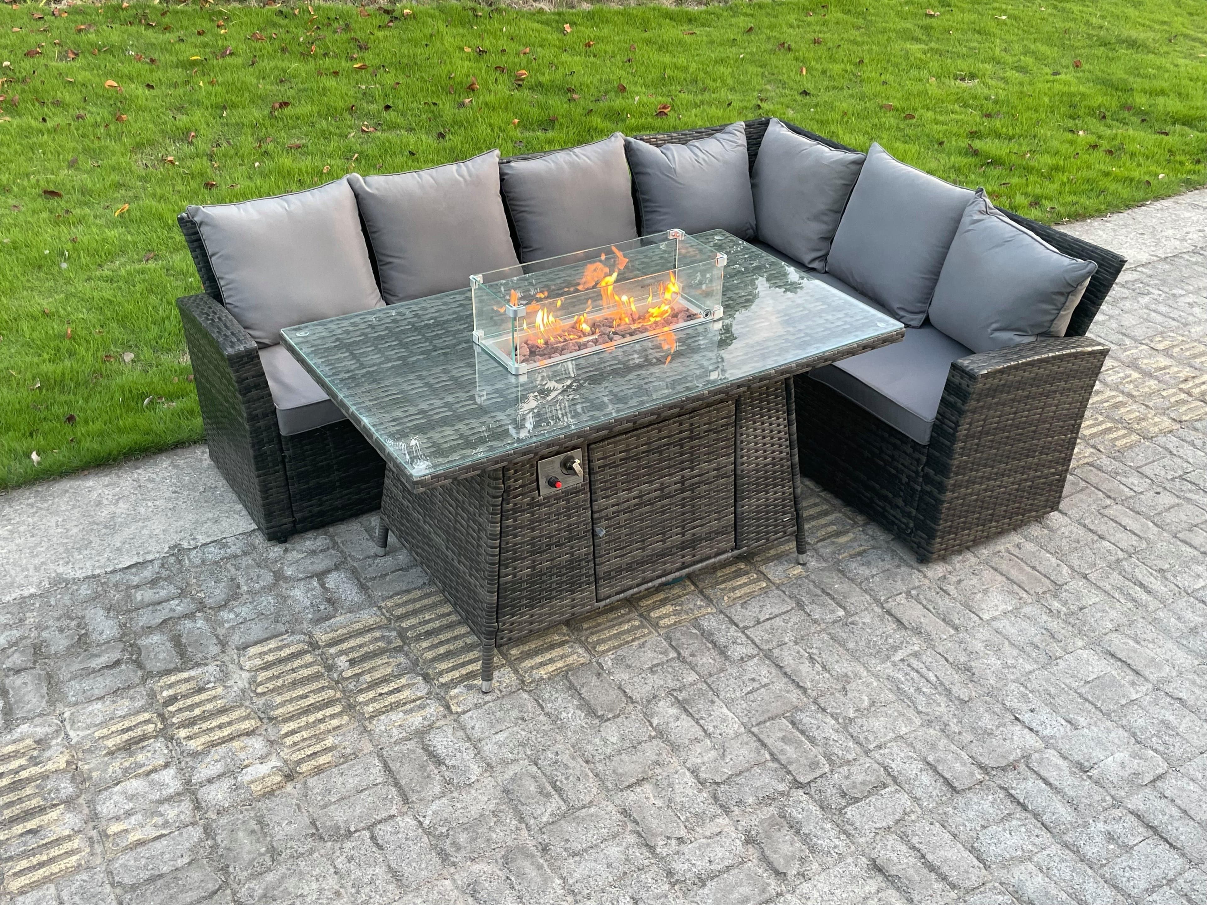 High Back Outdoor Rattan Corner Sofa Set Gas Fire Pit Dining Table Gas Heater 6 Seater