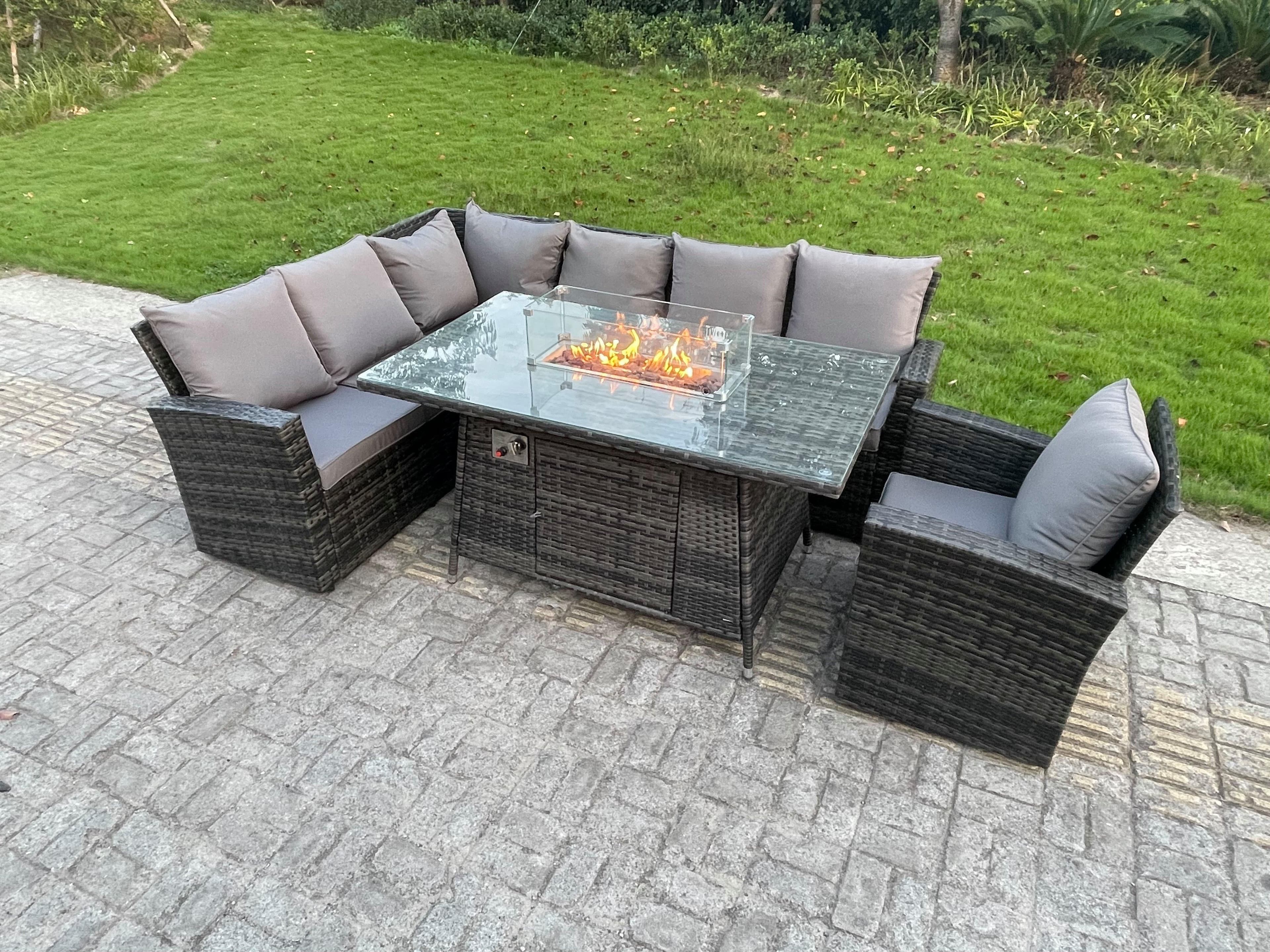 Rattan High Back Sofa Set Gas Fire Pit Dining Table Heater Burner 7 Seater