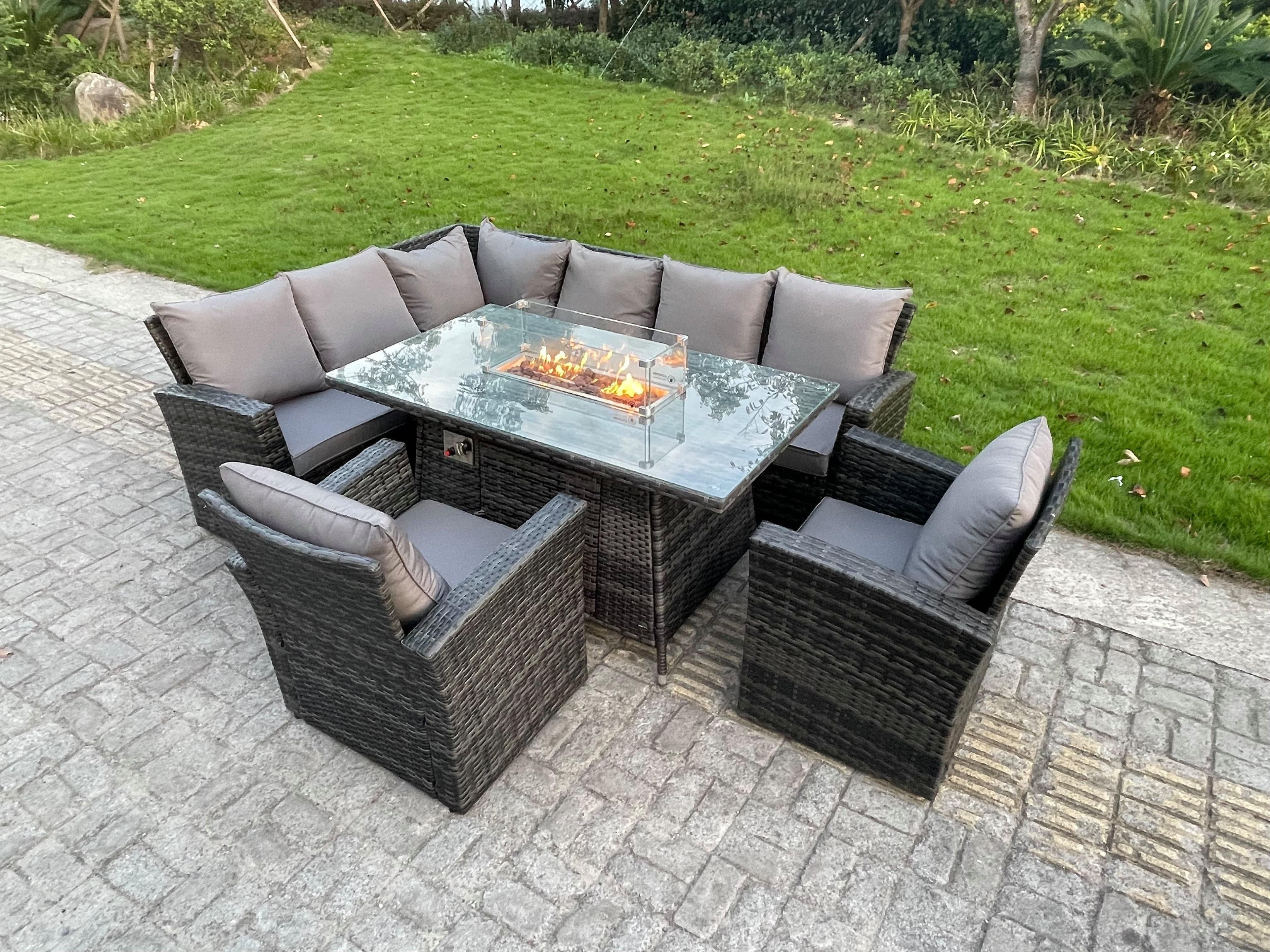Outdoor Rattan High Back Sofa Set Gas Fire Pit Dining Table Heater Burner 8 Seater