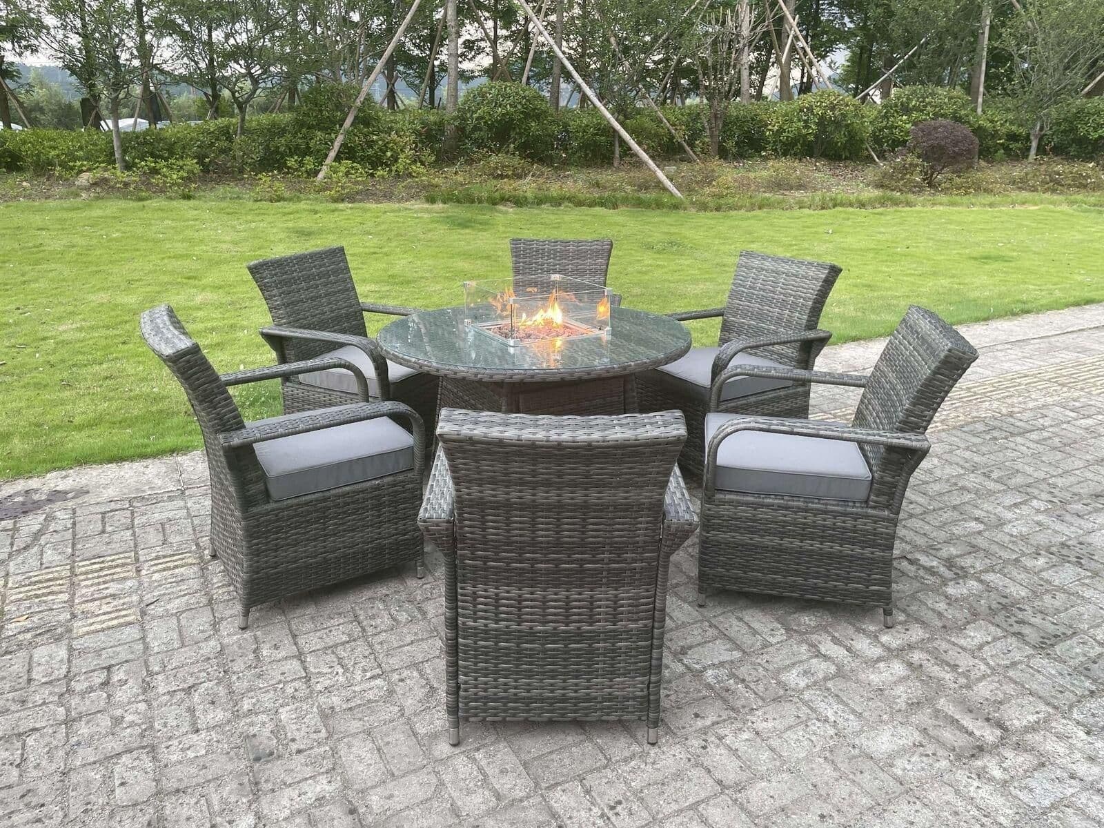 Rattan Garden Furniture Gas Fire Pit Round Dining Table Gas Heater Dining Chairs 6 Seater