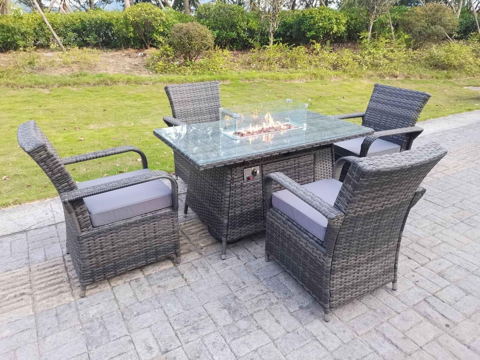 Rattan Garden Furniture Gas Fire Pit Rectangle Dining Table Chairs 4 Seater Rectangular Table