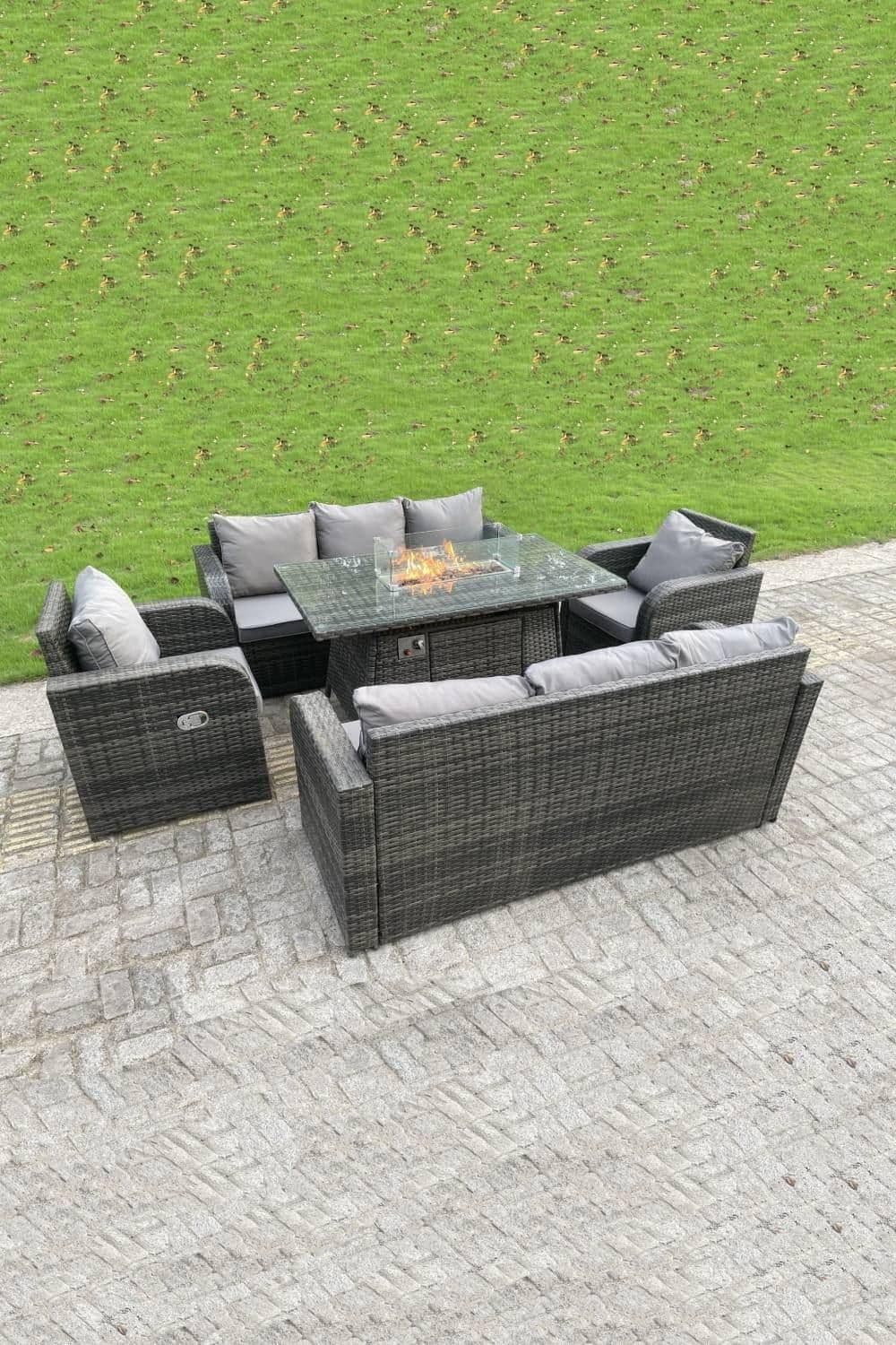 Rattan Outdoor Furniture Gas Fire Pit Rectangle Dining Table Gas Heater Reclining Chair Sofa