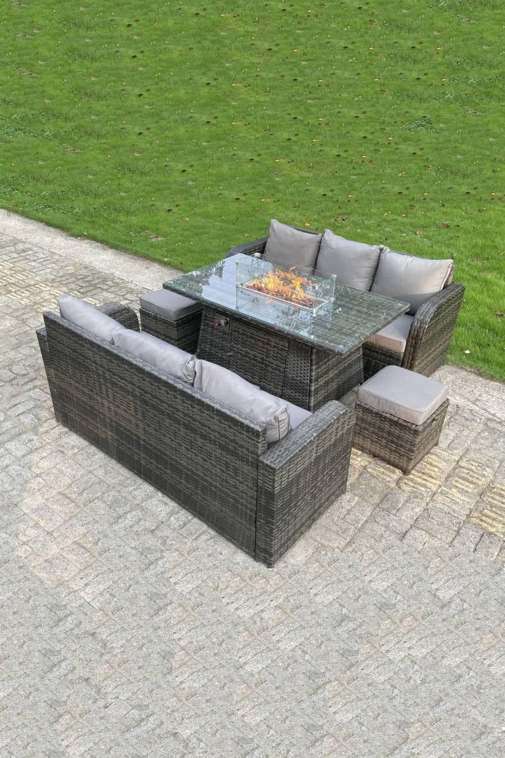 Rattan Outdoor Furniture Gas Fire Pit Rectangle Dining Table Gas Heater Sofa Small Footstools