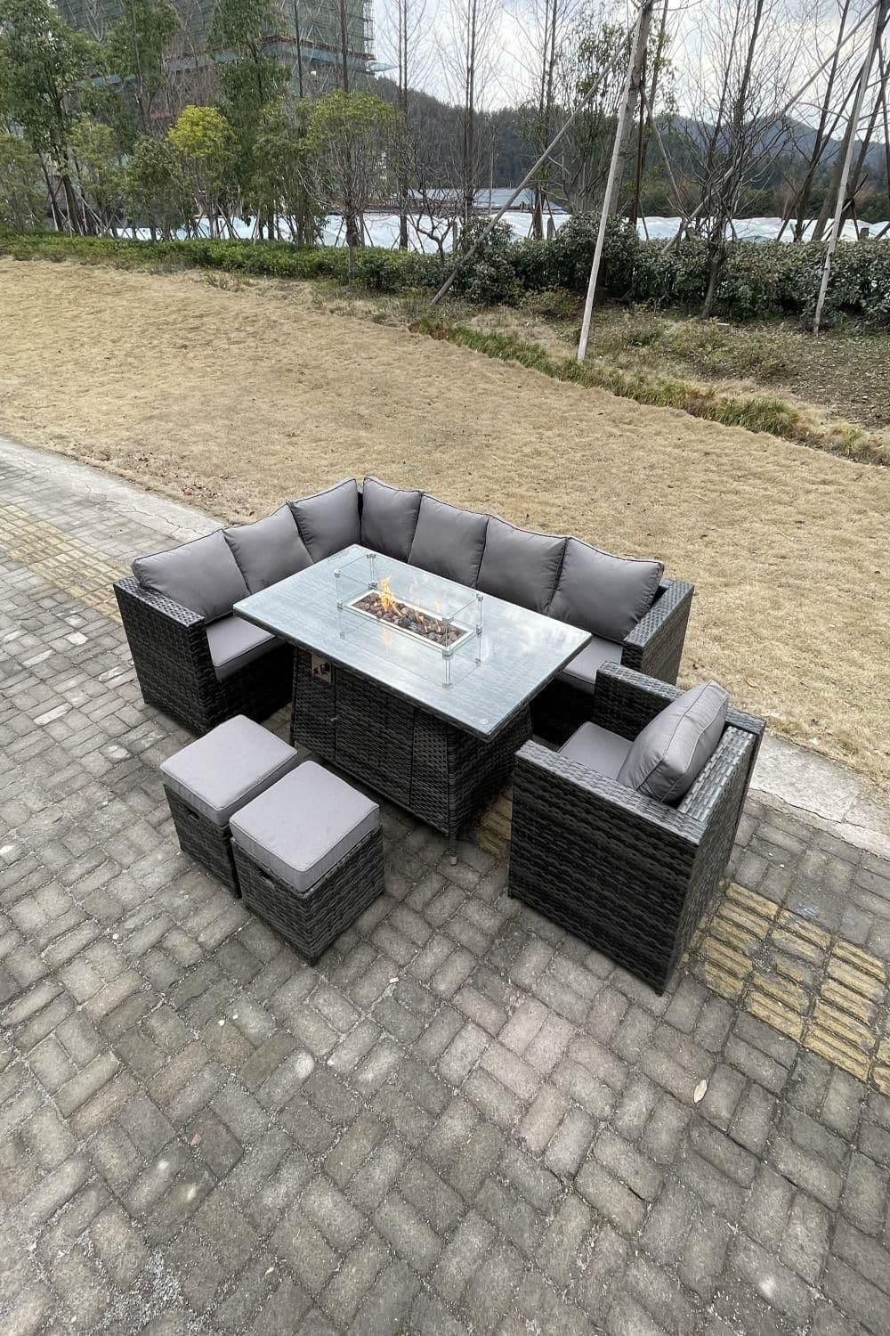 Outdoor Corner Sofa Gas Fire Pit Table Sets Heater 9 Seater