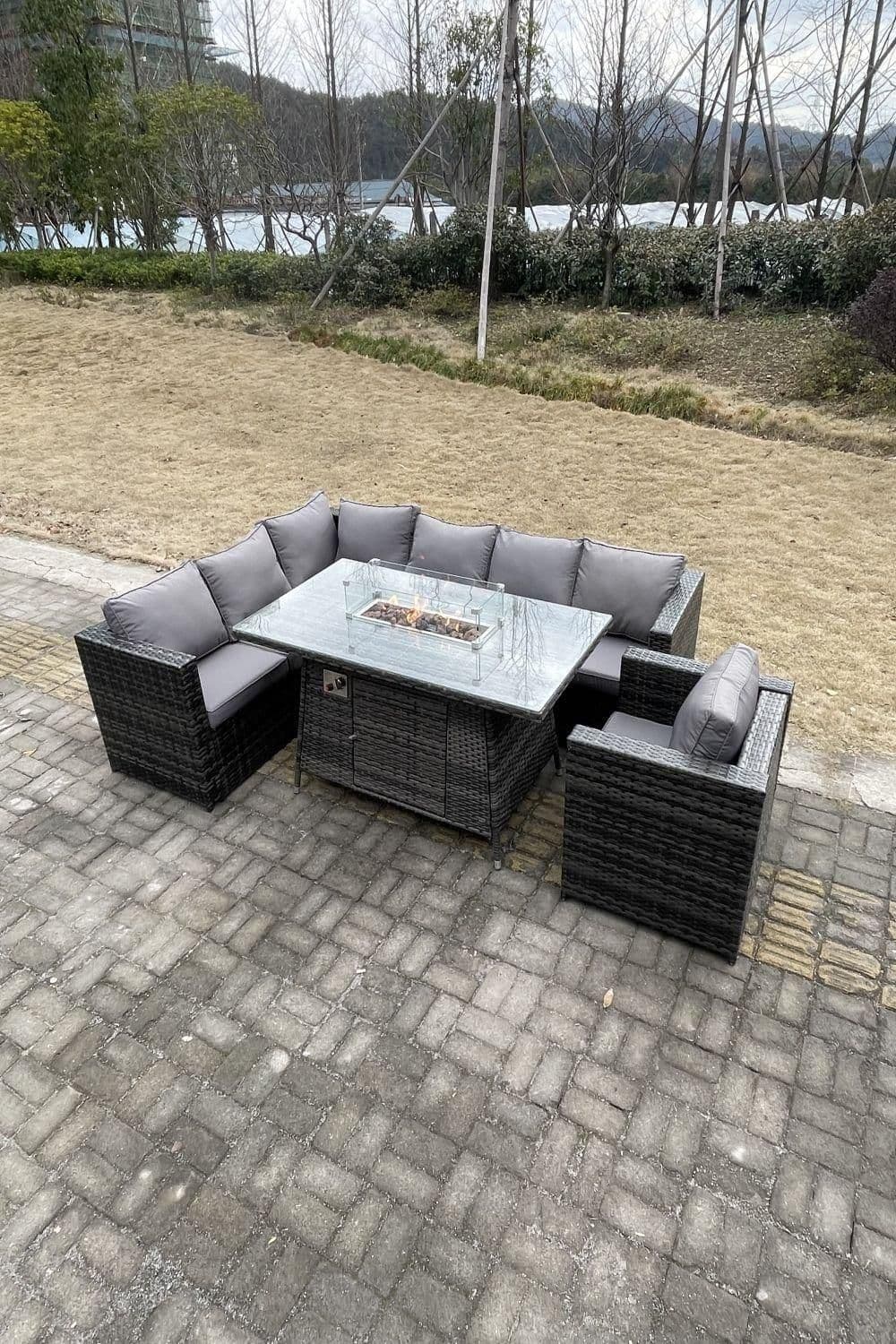 Outdoor Garden Corner Furniture Gas Fire Pit Table Heater 7 Seater