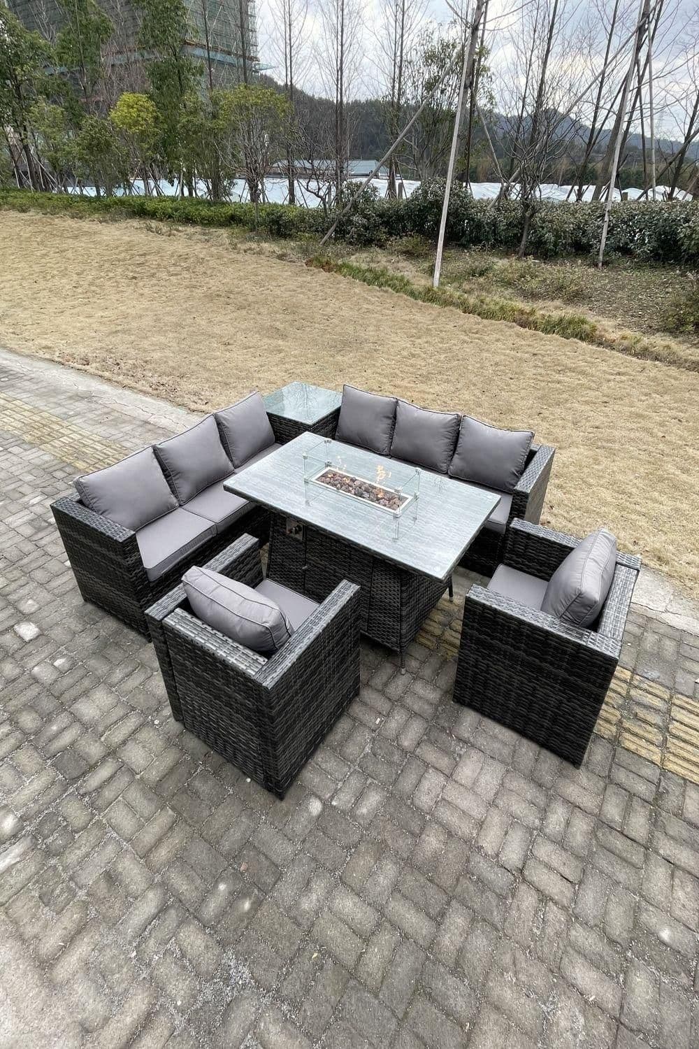 Outdoor Rattan Garden Corner Furniture Gas Fire Pit Dining Table Heater Sets Chairs 8 Seater