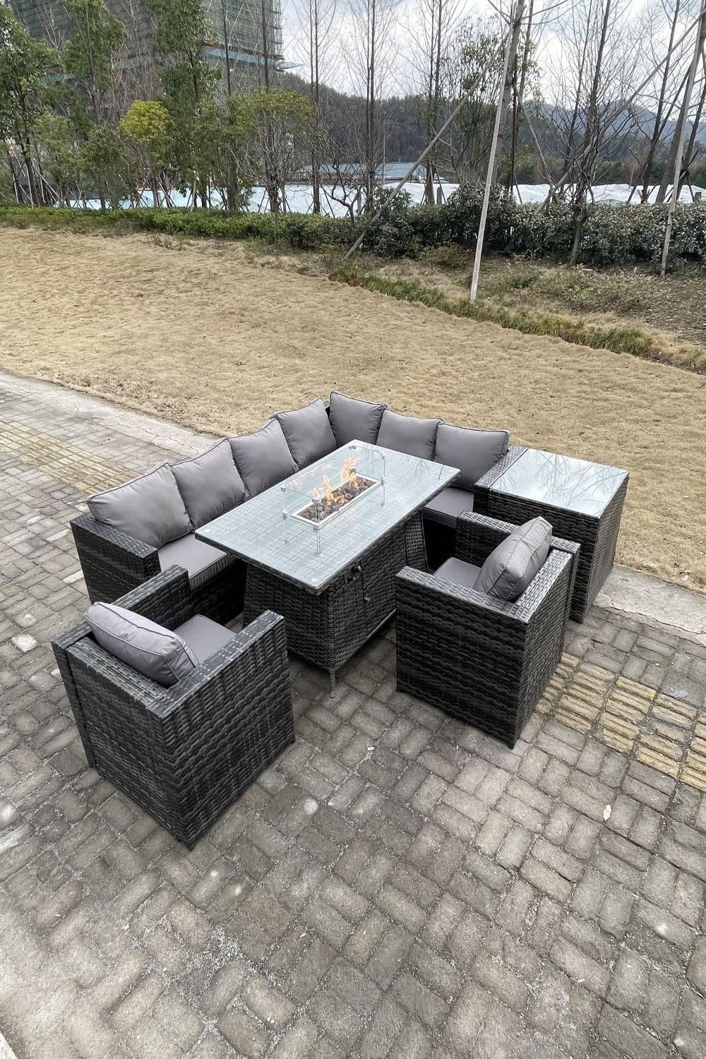 Rattan Garden Corner Furniture Gas Fire Pit Dining Table Heater Sets Side Table 8 Seater