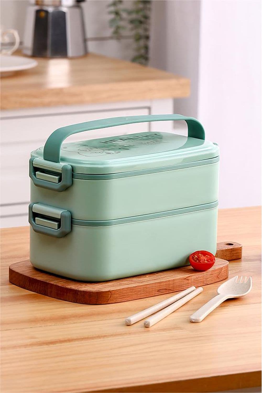 2 Layer Stackable Bento Lunch Box with Handle & Cutlery Green
