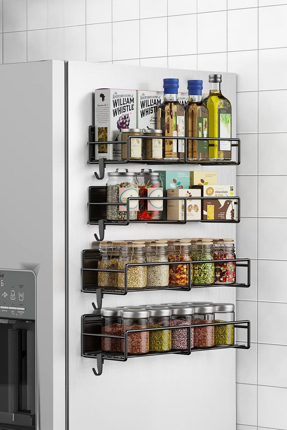 4PCS Magnetic Fridge Storage Shelf with Hooks Hanging Spice Rack