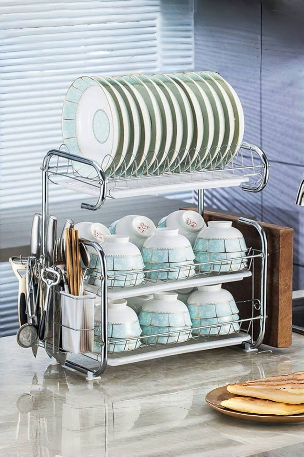 3-Tier Metal Dish Drainer Rack Storage Shelf Stainless Stand Bowl Plate Dryer Tray Kitchen with Kitchenware Storage Rack