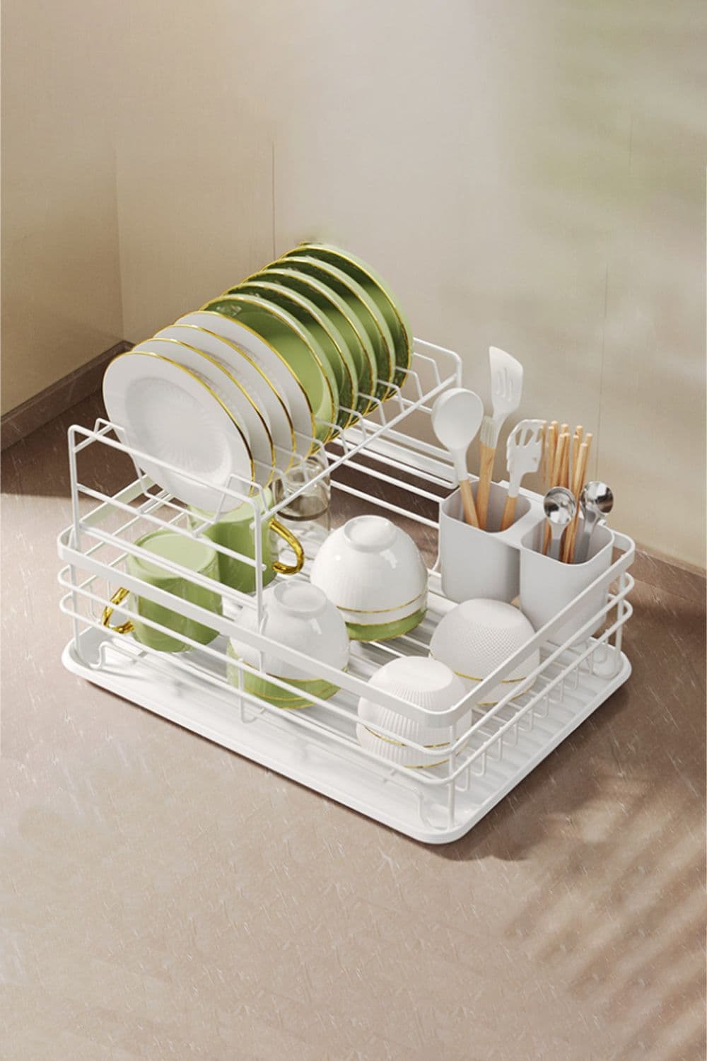 Kitchen 2-Tier Metal Dish Drainer Rack Detachable Storage Drip Tray Sink Washing Plates Draining Board