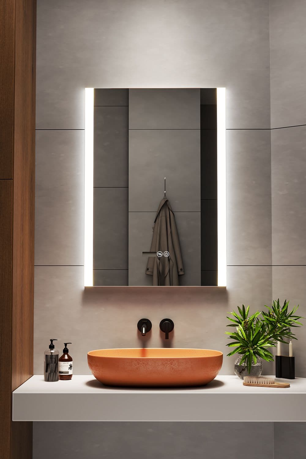 Anti-Fog Aluminum LED Vanity Mirror with Clock with Rectangular LED Strip