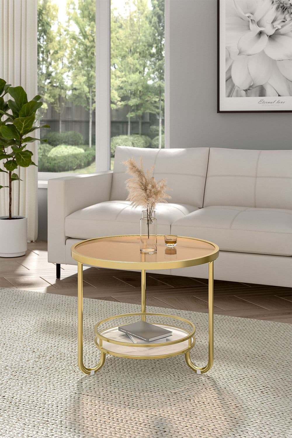 Round Glass and Slate Coffee Table 2 Tier