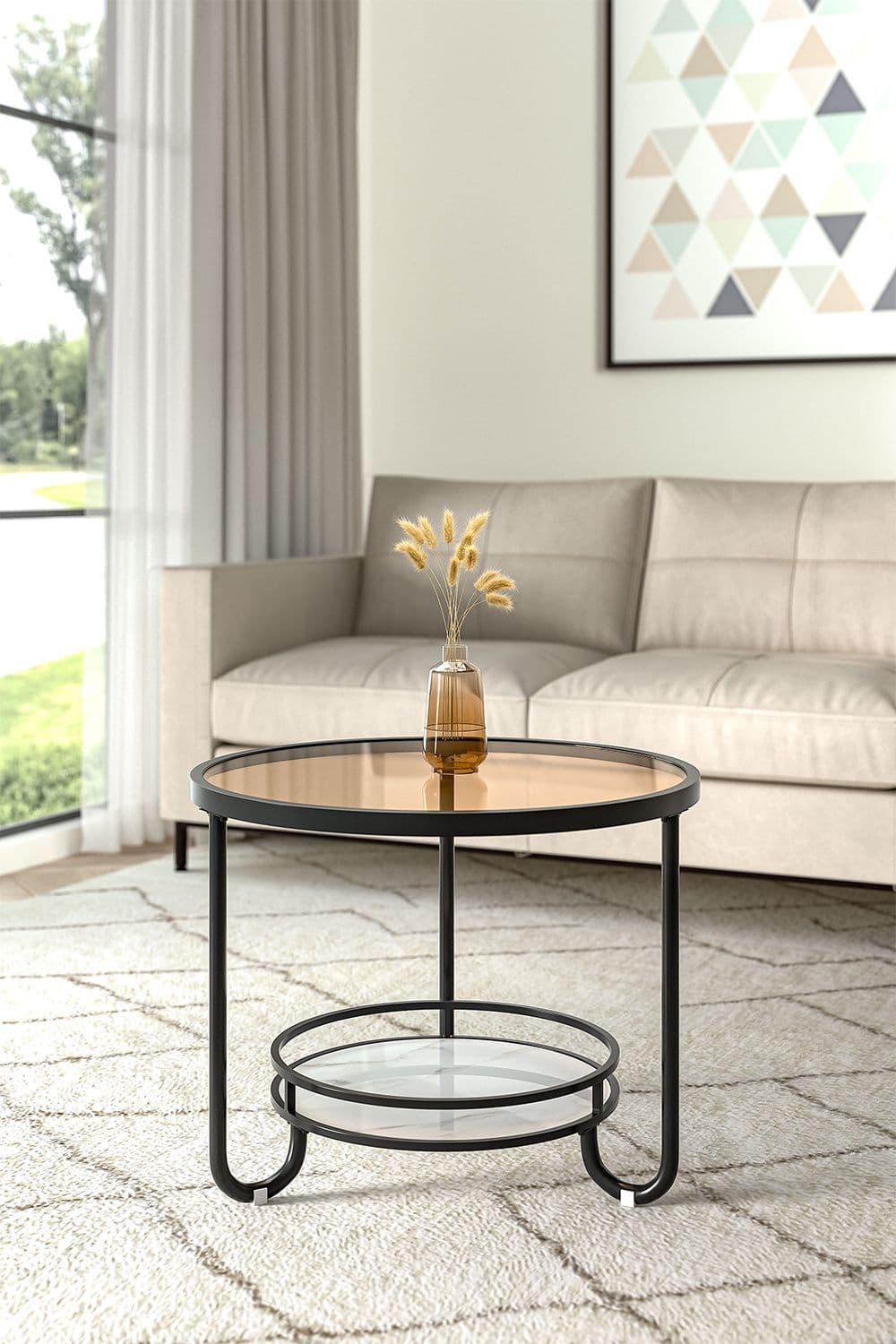 Black Round Glass and Slate Coffee Table 2 Tier