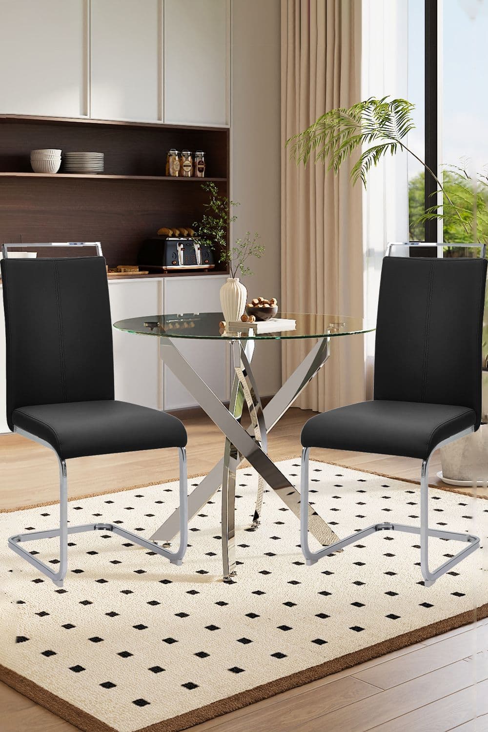3-Piece Dining Table Set of High Back Leather Chairs and Tempered Glass Round Table