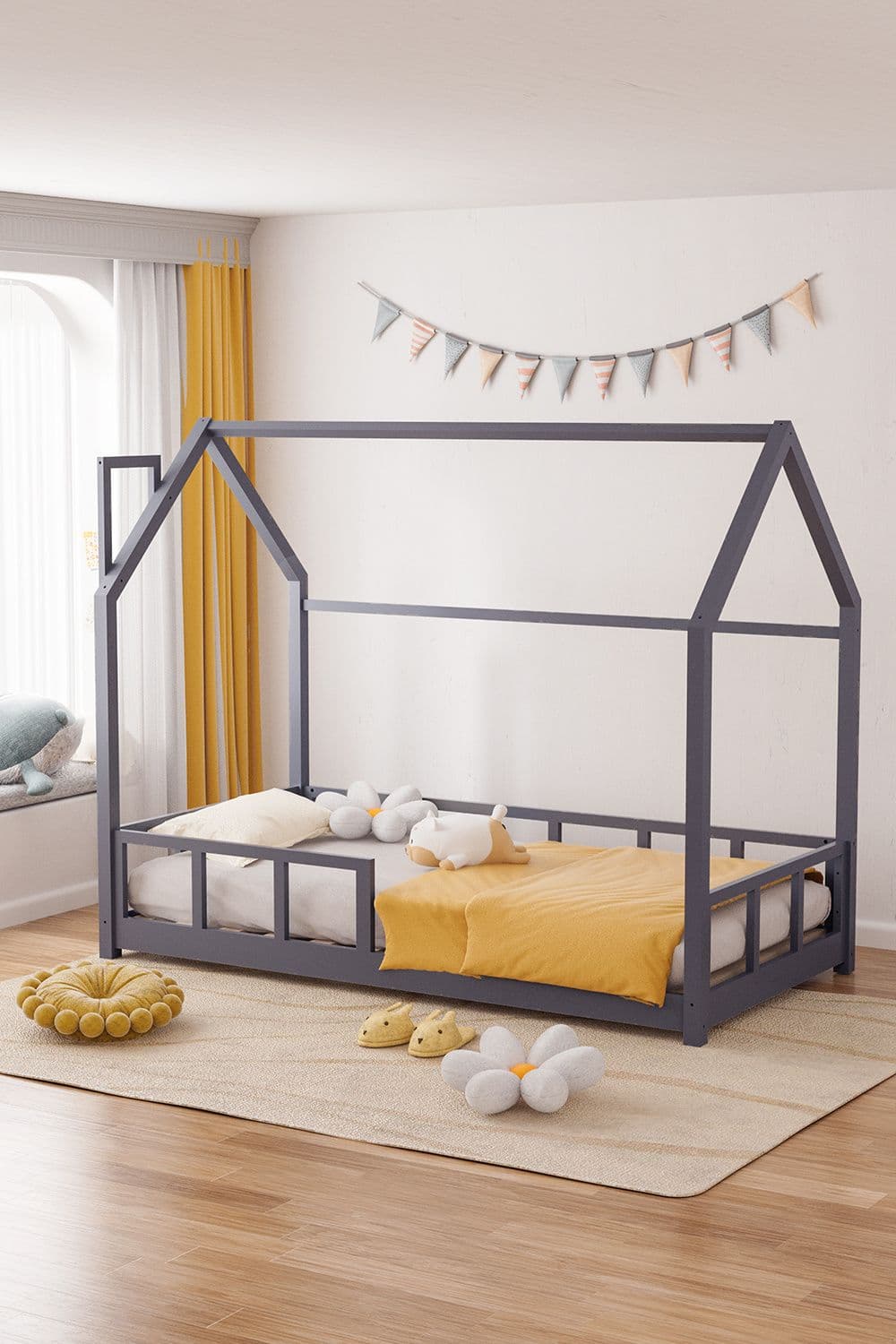 Grey Color Kid's Premium Wood House Bed Frame with Fence