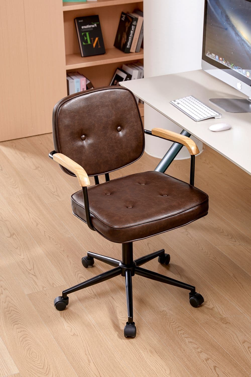 Leather Office Chair with Wood Armrests