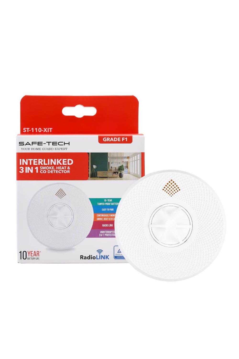 3 in 1 Multi Sensor Interlinked Fire Alarm, Smoke, Heat and Carbon Monoxide Detector, with 10 year Tamper-Proof Battery