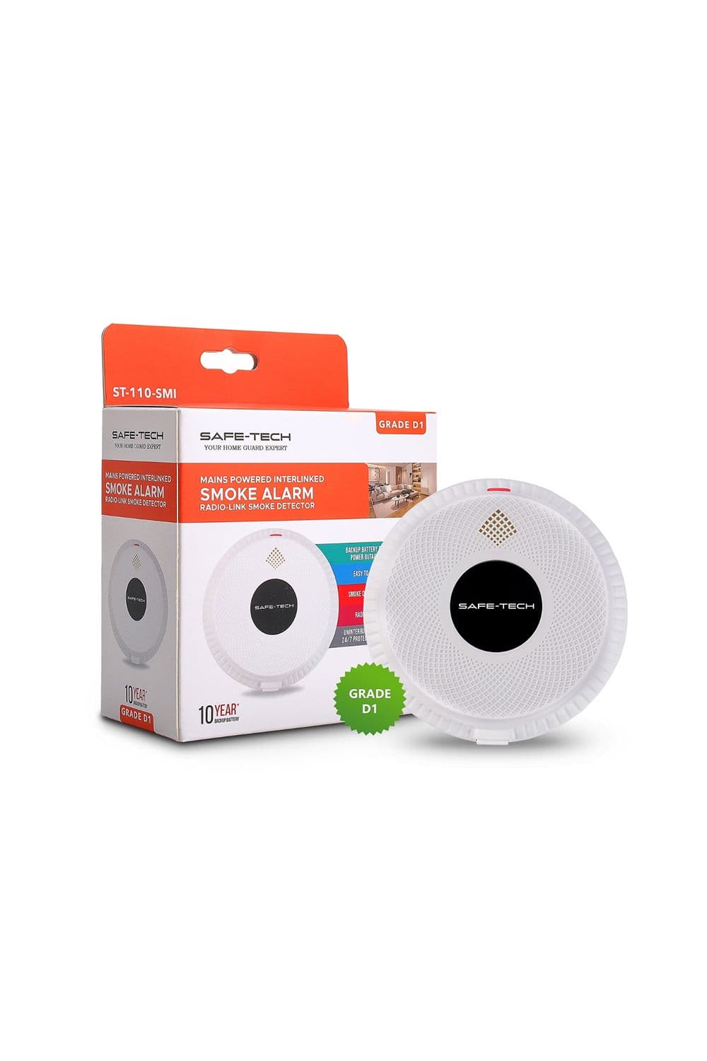 Mains Powered Interlinked Smoke Alarm with Built-in RF Module, 10 year Back-up Battery