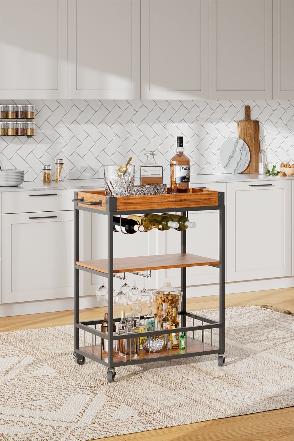3-tier Wooden Food Serving Wine Trolley Cart with Removable Tray , Glass Holder & Lockable Wheels