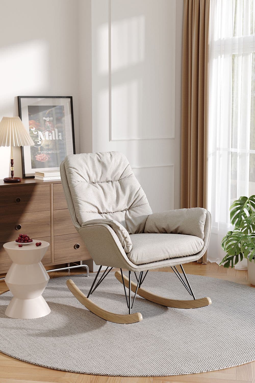 High Back Flannelette Upholstered Rocking Chair