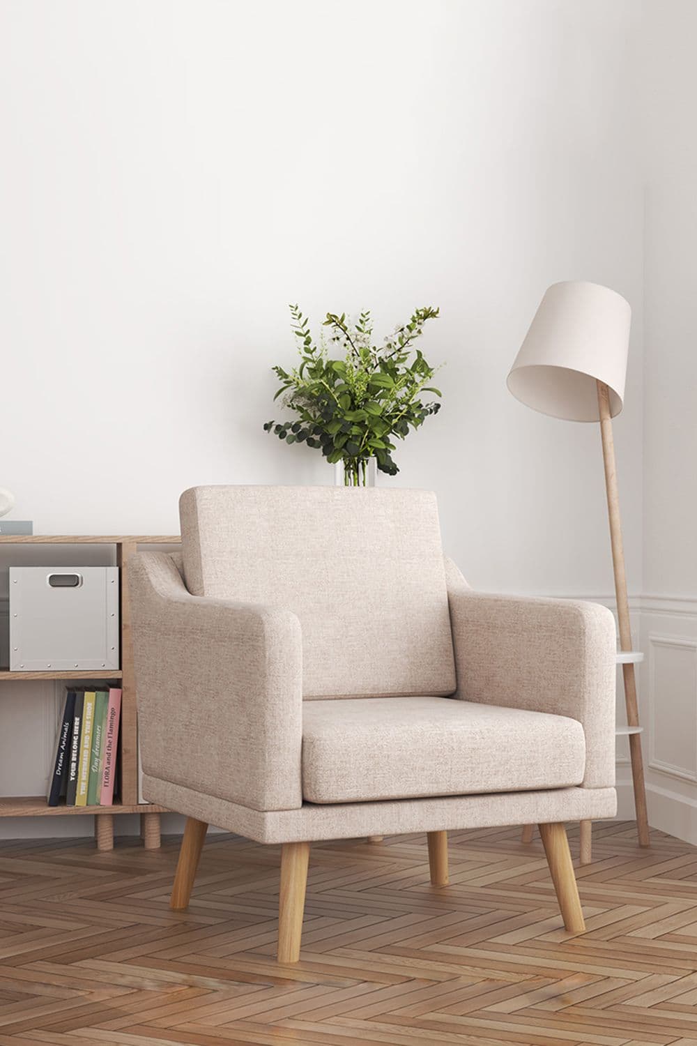 Beige Linen Upholstered Padded Armchair for Home and Office