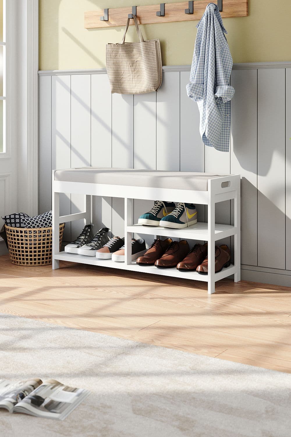 2-Tier White Wood Shoe Storage Bench with Padded Seat