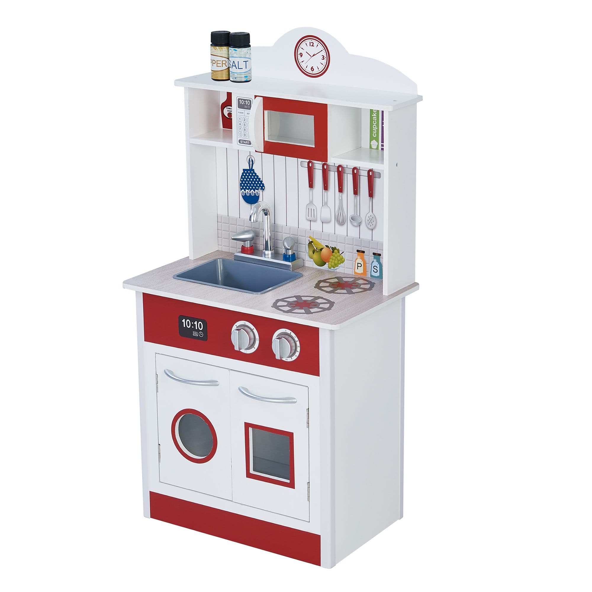 Classic Madrid Interactive Wooden Pretend Play Toy Kitchen Red White