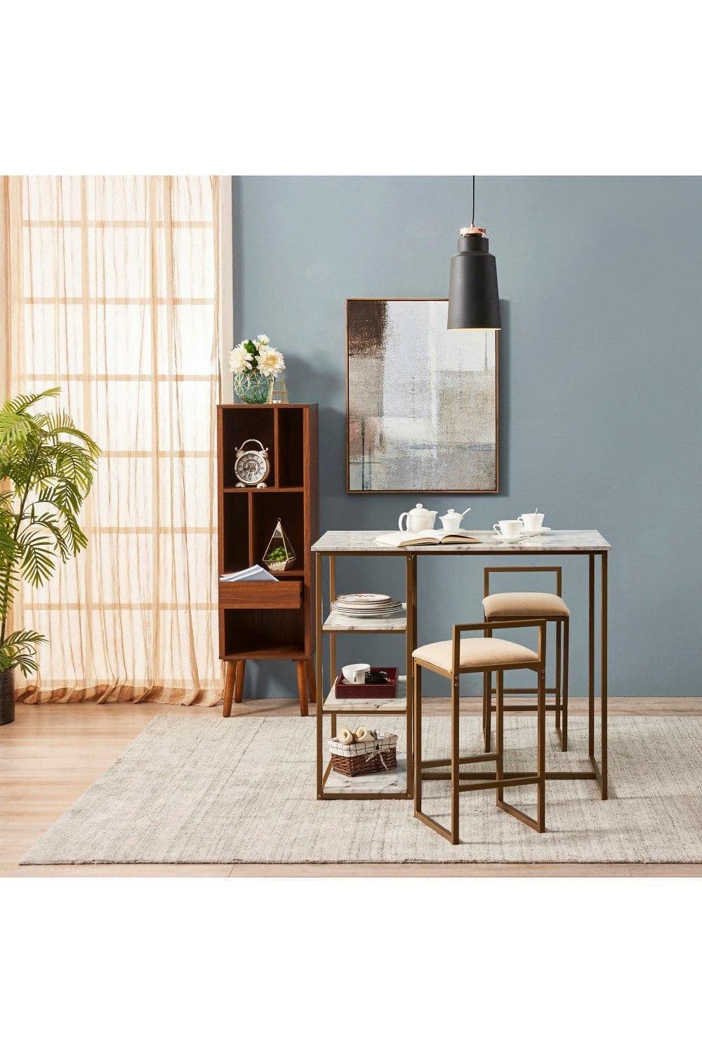 Marmo 3 Pieces Breakfast Dining Set Bar Table & 2 Padded Stool Chairs