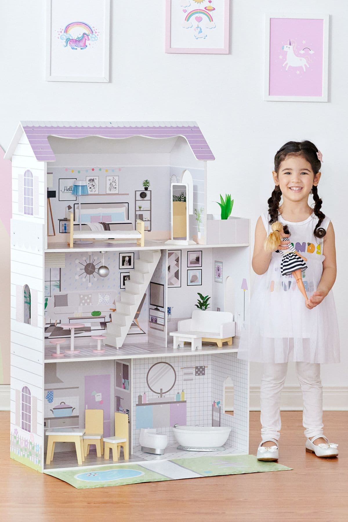 3 Story Grand Wooden Dollhouse 16pc Accessory Set 12" Dolls