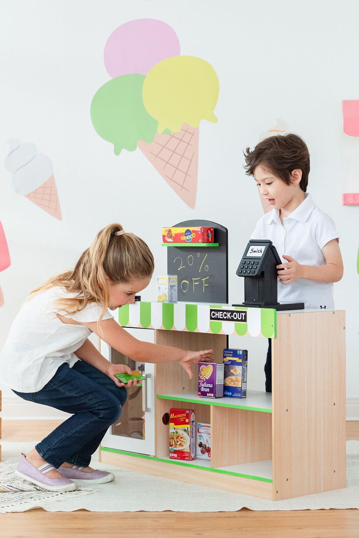 Wooden Pretend Play Cashier Checkout Stand Green White