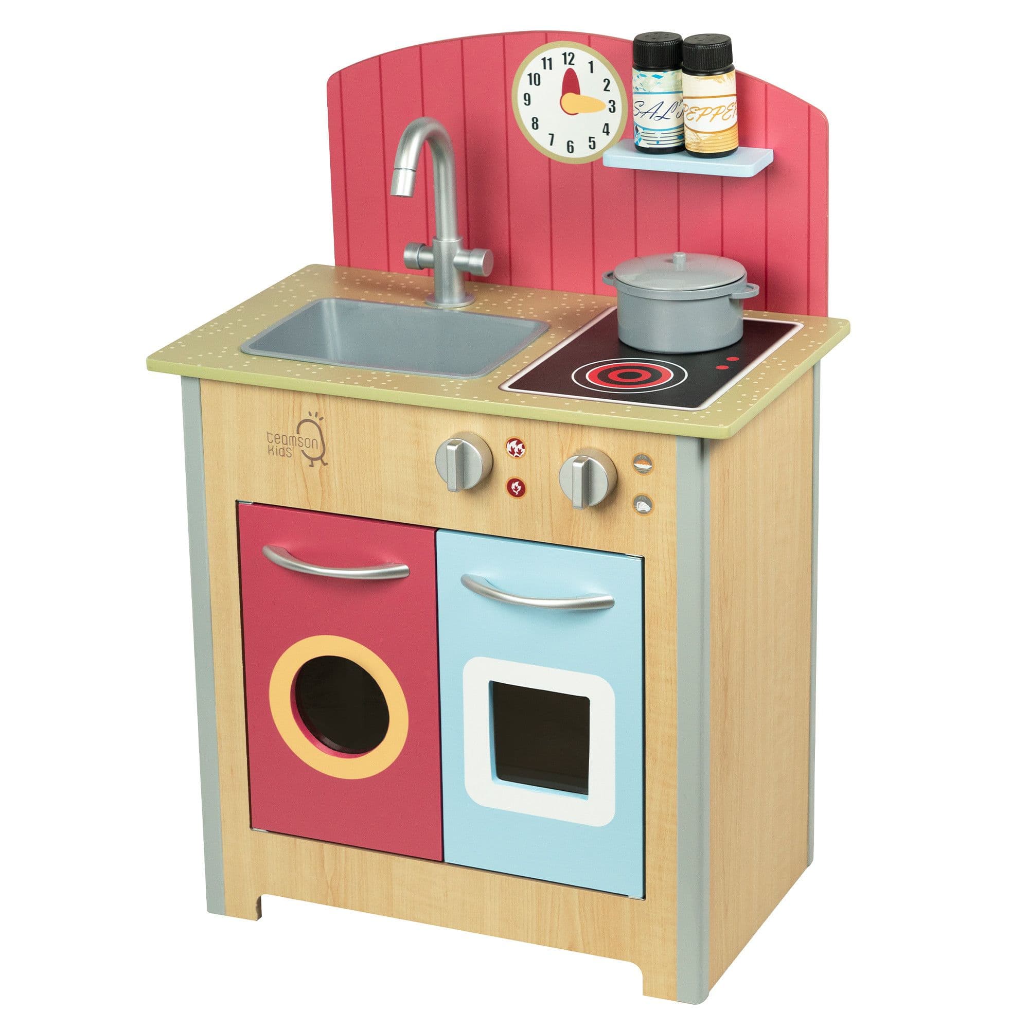 Classic Porto Interactive Wooden Pretend Play Toy Kitchen Red Wood Grain