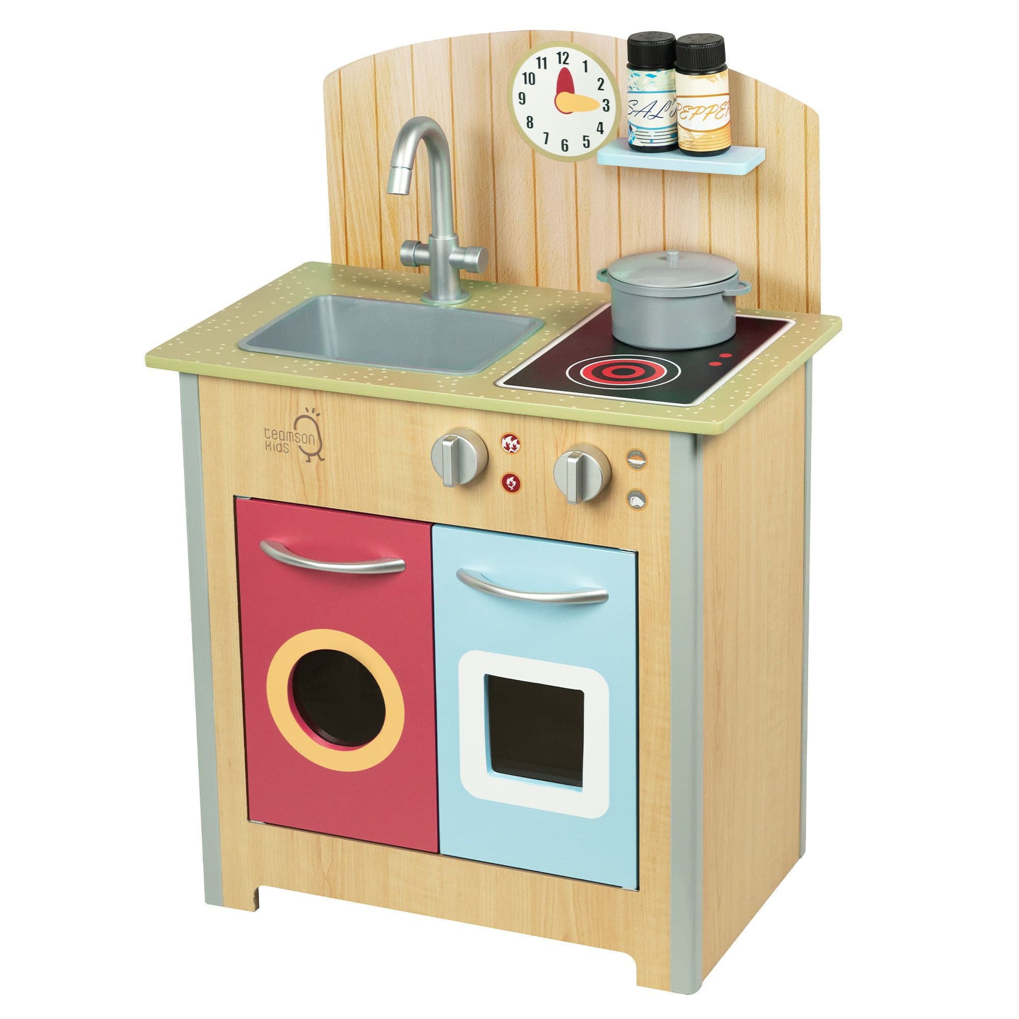 Classic Porto Interactive Wooden Pretend Play Toy Kitchen Wood Grain Red