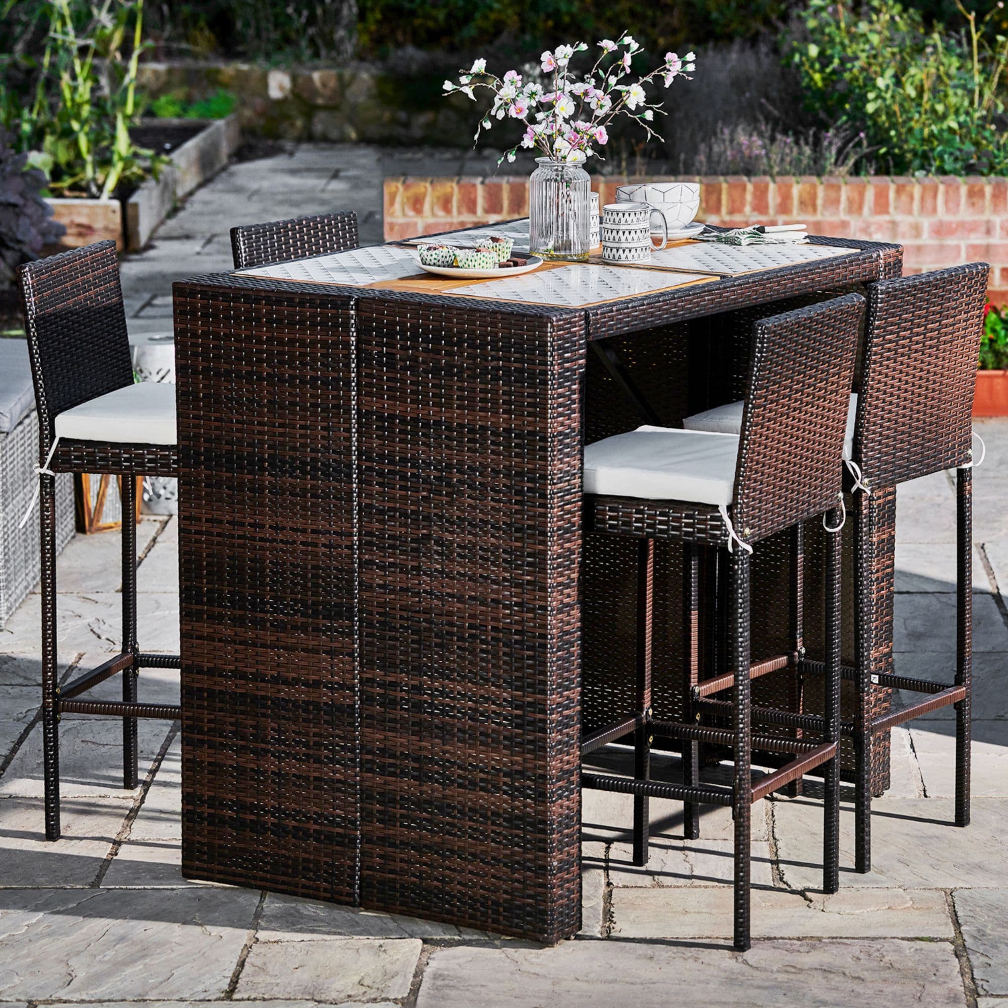 5 Piece Rattan Outdoor Garden Furniture High Bar Dining Patio Table