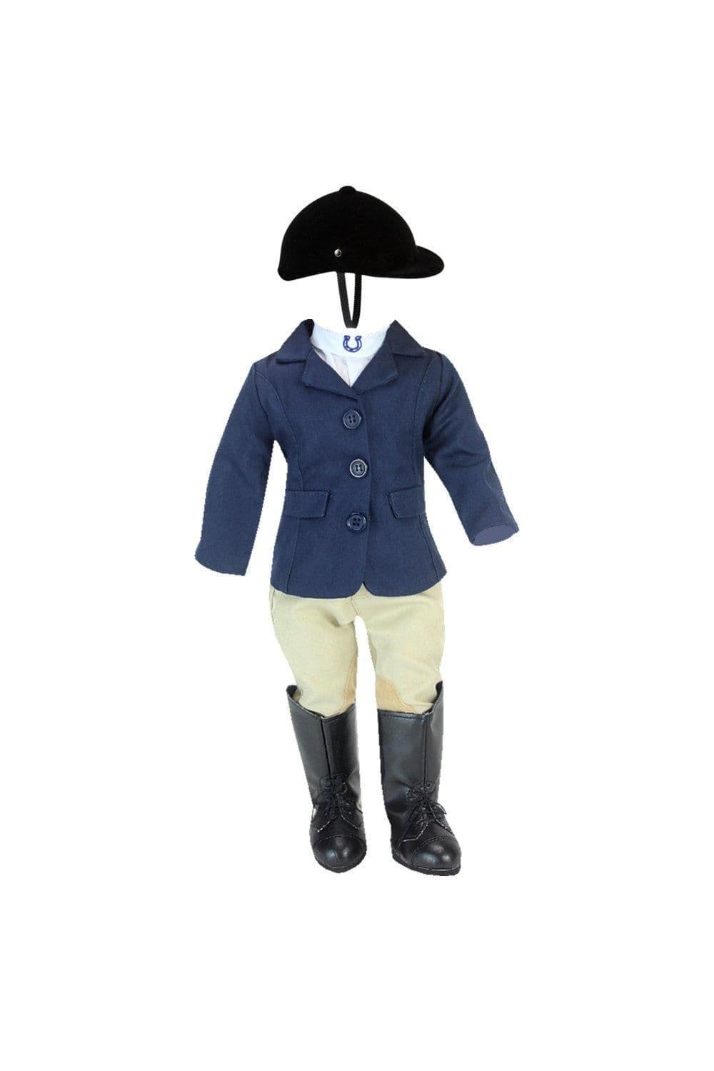 Sophias 5 Piece Riding Outfit Navy Riding Jacket Tan Riding Pants Boots Riding Cap White Scarf 18" Dolls
