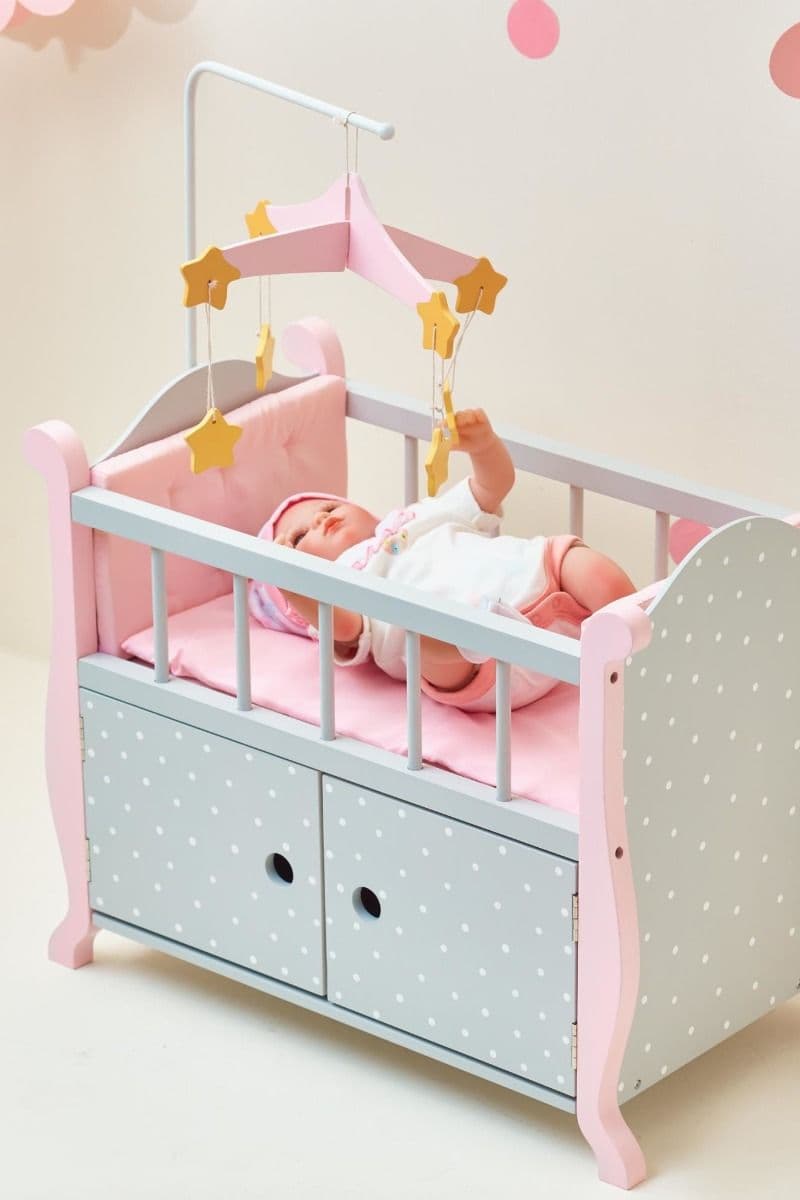Polka Dot Crib Bed Dolls Storage Grey Pink