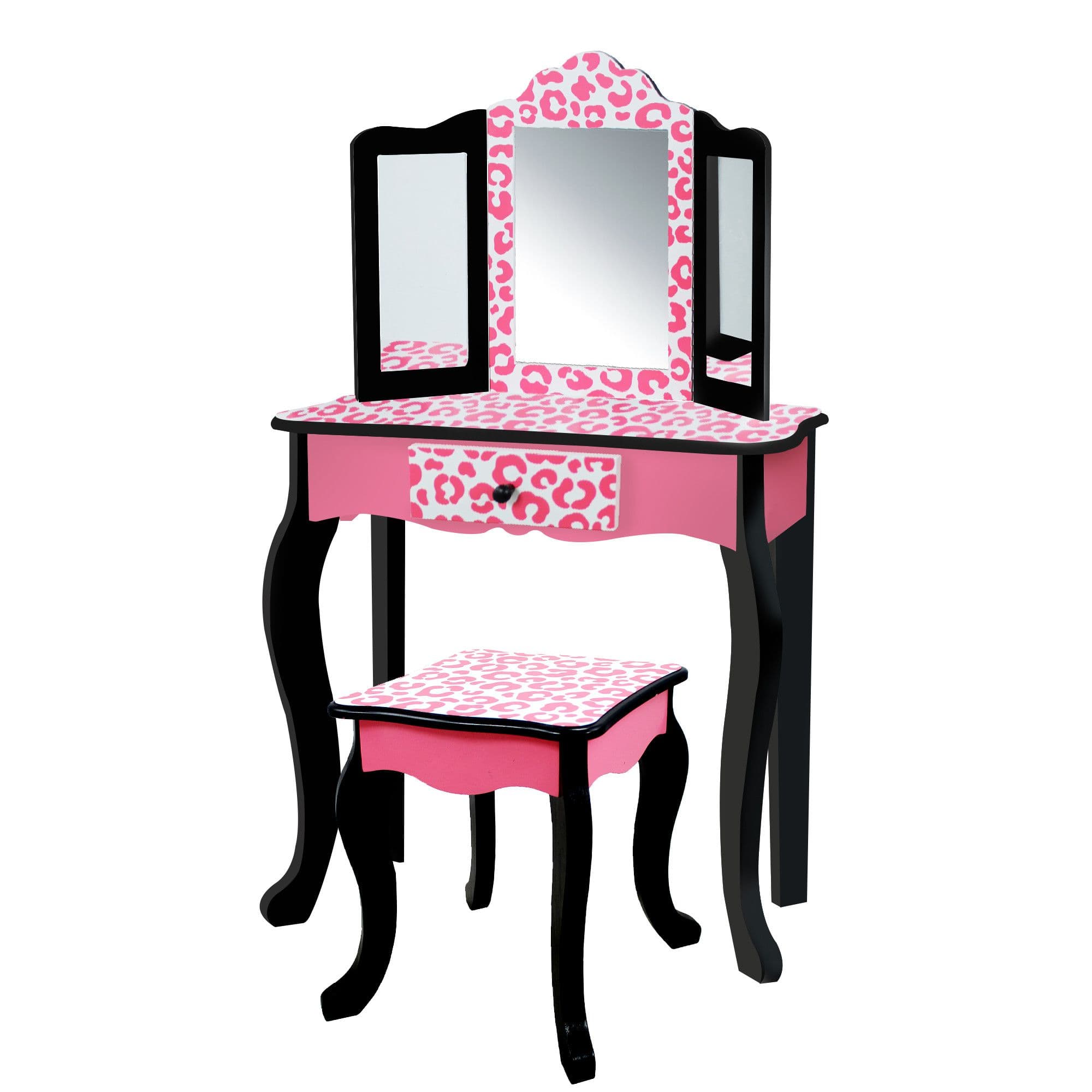 Wooden Play Vanity Table Set Leopard Print Pink Black