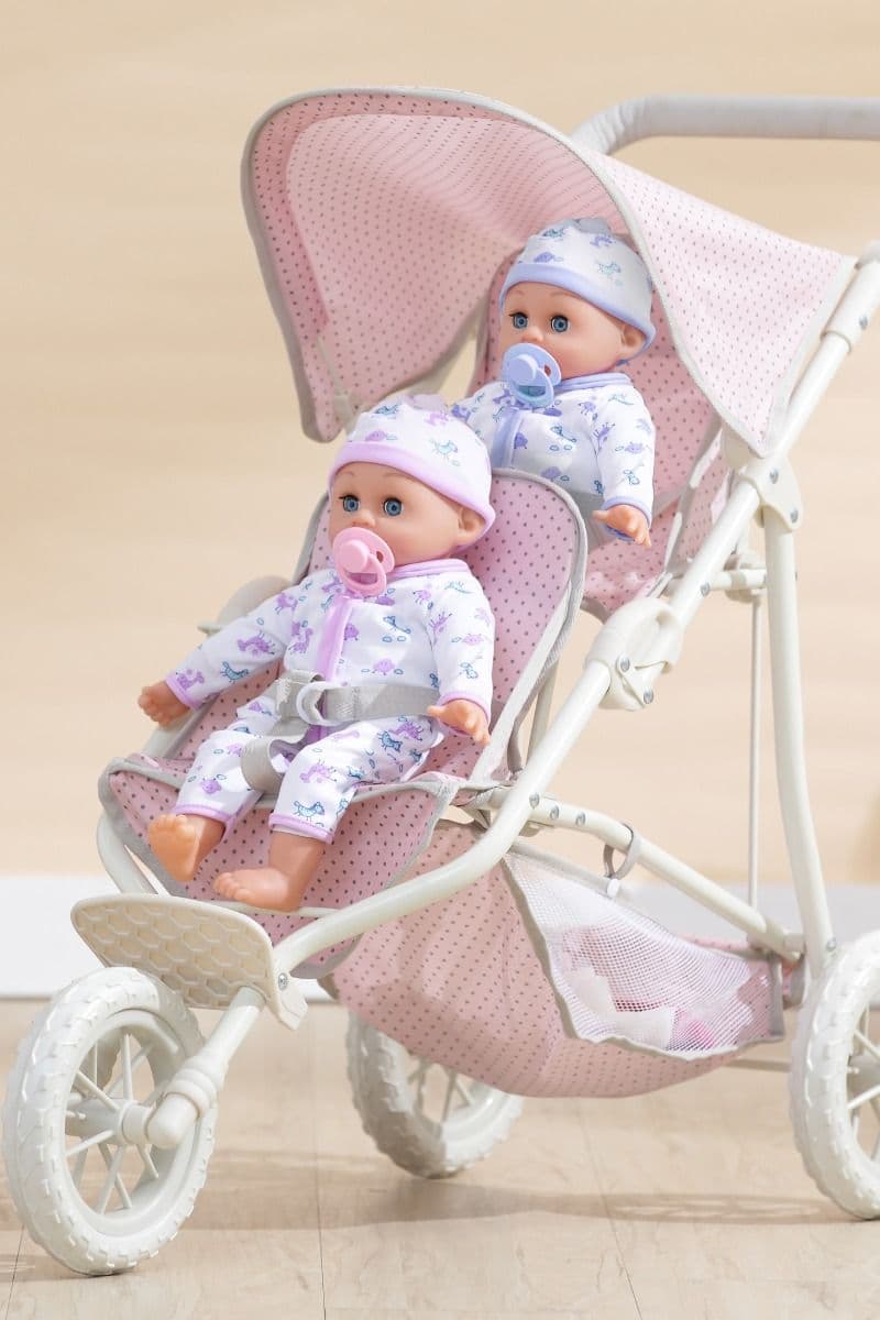 Polka Dot Twin Jogging Stroller Pram Dolls & Stuffed Animals Pink Grey