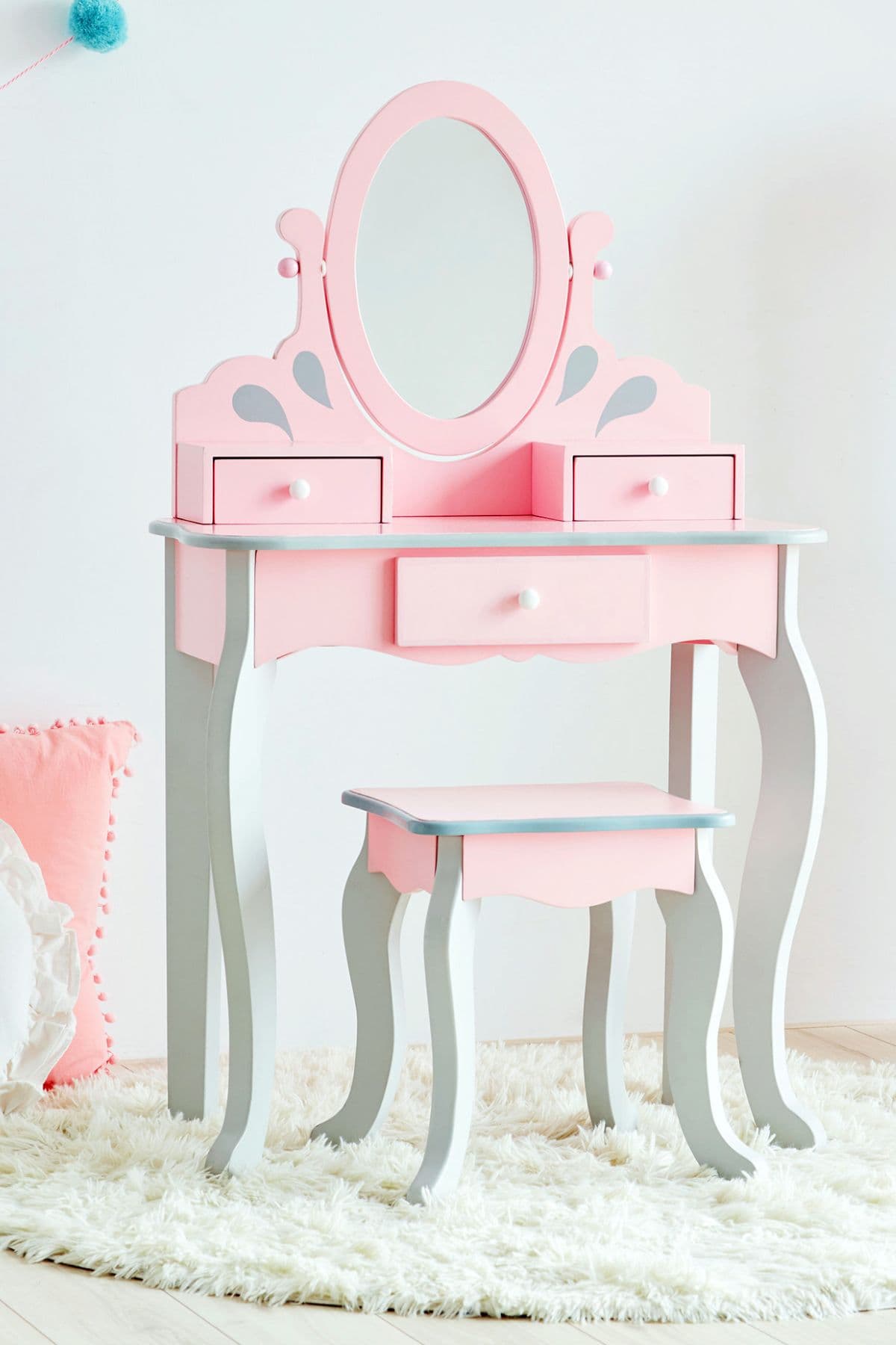 Little Princess Rapunzel Wooden Vanity Table Play Set Pink Grey
